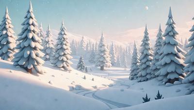 The primary subject of the image is a snowy landscape featuring a forest of snow-covered pine trees. The setting is a wintery environment with a mountainous background. The visual style is a digital art or illustration, creating a serene and peaceful atmosphere. The dominant colors are white and gray, with the snow-covered trees adding a touch of green.